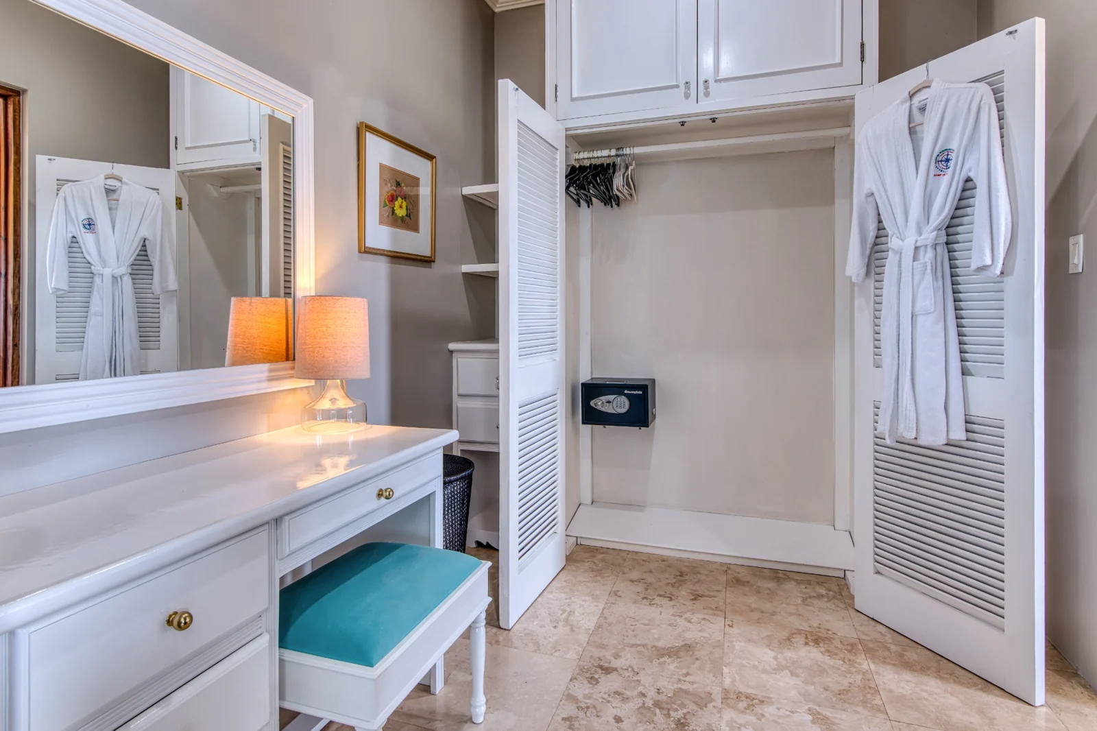 Marble bathroom with vanity and shower
